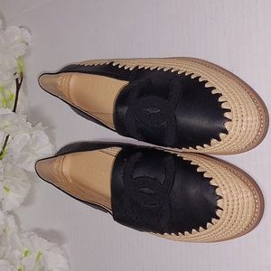 Chanel raffia espadriles lambsking black leather NWOB